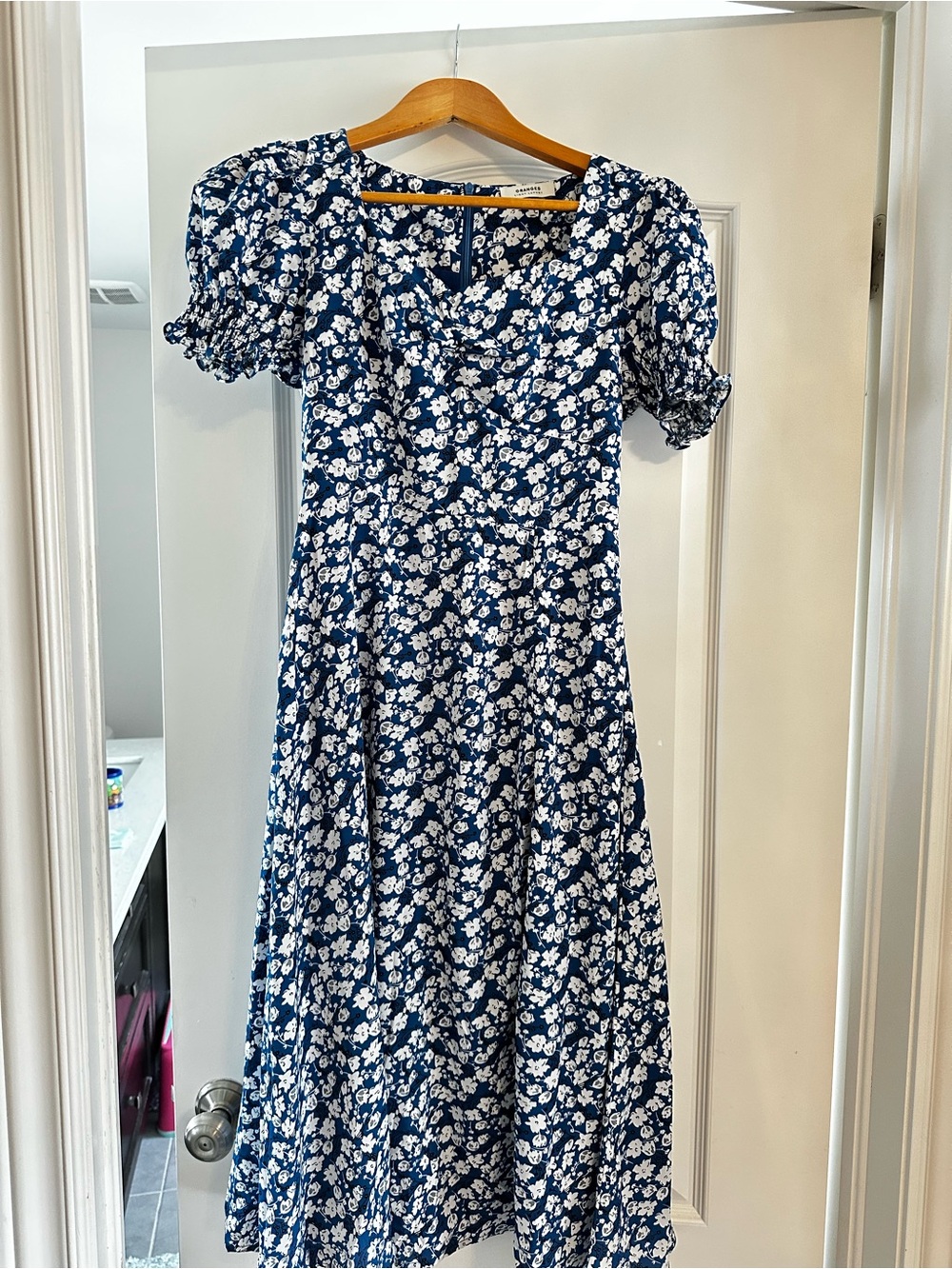 Blue Floral Midi Dress with Puff Sleeves